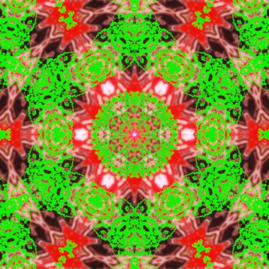 Yeşil ve kırmızı Yaratıcı parlak mandala. Kaleydoskop soyut kutsal geometri. Etnik fraktal çizimler. Kumaş için simetrik stil grafik tasarım deseni,
