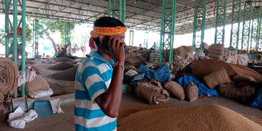 Katni Bölgesi, Madhya Pradesh, Hindistan - 25 Ağustos 2019: Tarım hükümetinde cep telefonundan arayan Hintli bir köy çiftçisi düştü.