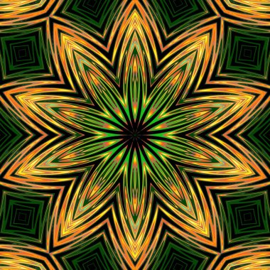 Goldenrod soyut kaleydoskop yeşil arka plan. Güzel çok renkli kaleydoskop dokusu. Benzersiz mandala tasarımı