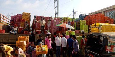 DISTRICT KATNI, INDIA - AĞUSTOS 04, 2019: Asyalılar tarafından en büyük açık hava pazarlarında satılan taze bir sebze hediyesi geniş bir doğal gıda ve ürün çeşitliliği sunuyor.