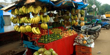 DİSTRİK KATNI, INDIA - 06 Ağustos 2019: Küçük bir kırsal köydeki meyve ve sebze dükkanında genç bir Hintli adam