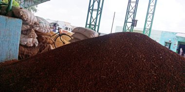 DISTRICT KATNI, INDIA - 07 Ağustos 2019: Hindistan hükümetinin tarım ürünleri satmak için kullandığı muazzam buğday tohumları.