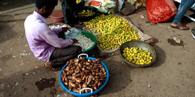 DISTRICT KATNI, INDIA - 07 Ağustos 2019: Köy dağıtım alanındaki taze sebze pazarında taze ürünler satan Hint köylüleri.