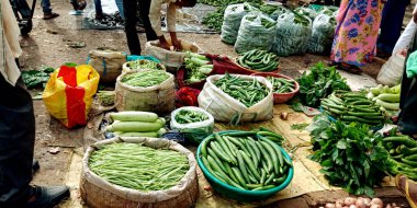 DISTRICT KATNI, INDIA - 07 Ağustos 2019: Köy dağıtım bölgesindeki Taze Yeşil sebze pazarında plastik konteynırda satılan Çoklu Sebze Ürünü.