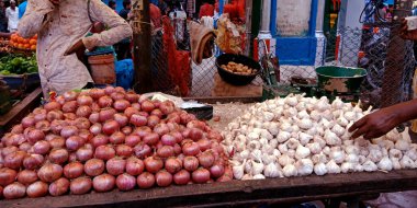 DISTRICT KATNI, INDIA - 14 Ağustos 2019: Asya köyü satıcısı, sebze sebzesinde soğan ve sarımsak satıyor..