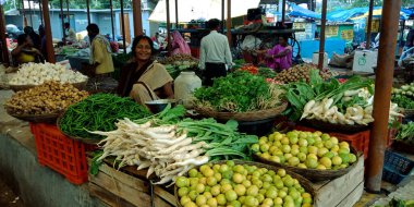 DISTRICT KATNI, INDIA - 14 Ağustos 2019: Hindistan sebzelerinde manav satan Asya köylü fakir kadın taze tarım pazarı.