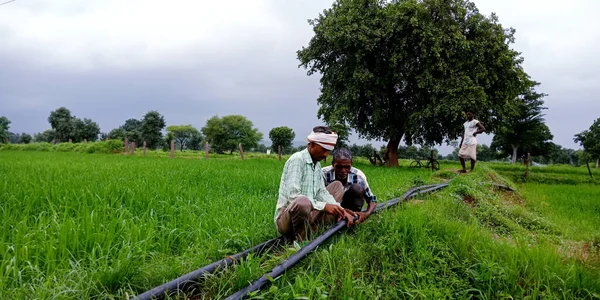 District Katni India August 2019 Indian Village Farmers Fixing Irrigation — Stock Photo, Image