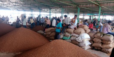 DISTRICT KATNI, INDIA - 18 Eylül 2019: Hint köyü çiftçileri, Tozlu arka planda Hint gıda şirketinin önünde birlikte çalışarak kalabalıklaştı.