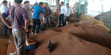 DISTRICT KATNI, INDIA - 18 Eylül 2019: Hindistan 'ın Dusty arka planında buğday satan Asyalı köy çiftçileri.