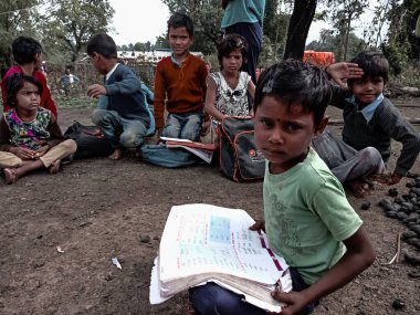 DISTRICT KATNI, INDIA - HAZİRAN 01, 2020: Hintli bir okul kızı köy açık hava ortamında Hintçe orta öğretim kitabı okuyor.