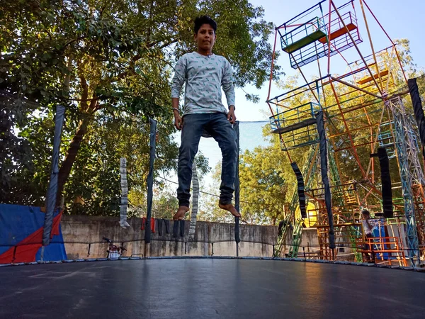 District Katni India February 2020 Indian Village Boy Jumping Spring — Stock Photo, Image