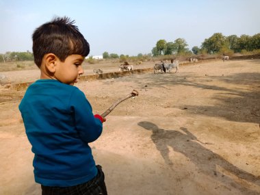 DİSTRİK BlaLASPUR, Hindistan - 25 Şubat 2020: Hintli küçük çocuk arka planda toprak tarlasında ahşap çubuk tutuyor.