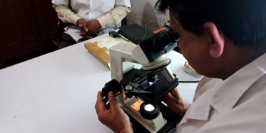 DISTRICT KATNI, INDIA - 18 Eylül 2019: Hindistan şehir hastanesi teknisyeni patoloji laboratuvarında mikro bakterileri kontrol ediyor.