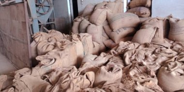 Paslı arka plana bırakılmış eski pirinç çuvalları koleksiyonu.