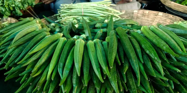 Taze yeşil kadın parmağı. Karışık tarımla izole edilmiş. Çiftçilerin pazar geçmişini oluşturuyor..