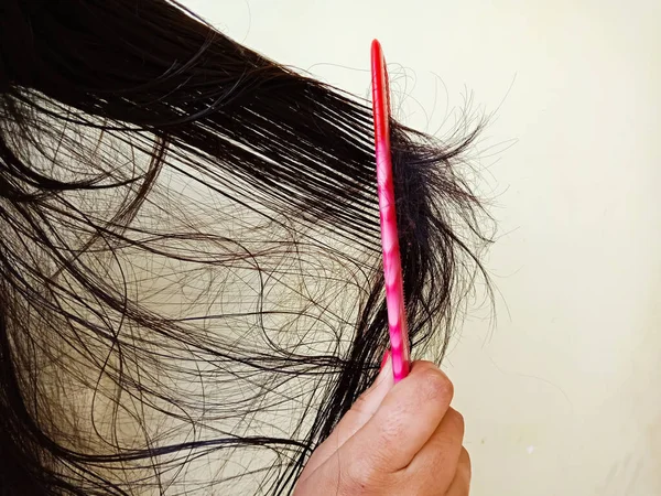 Indian Girl Combing Hair Isolated Text Space Fallen Black Hair — Stock Photo, Image