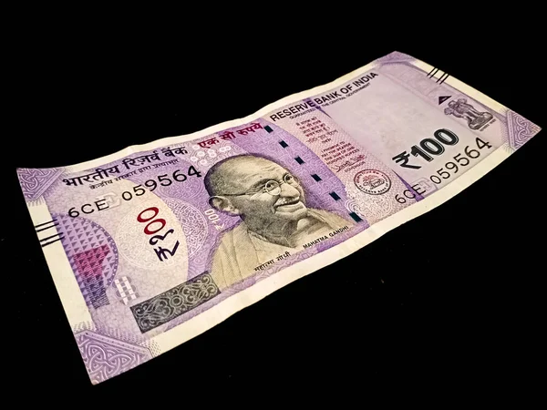 Moneda India Billete Cien 100 Rupias Aislado Sobre Fondo Negro —  Fotos de Stock