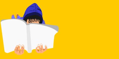 Hint köylü çocuk çizgi filmi, sadece eğitim konsepti için sarı arkaplan soyut sanat kitabı okuyor..