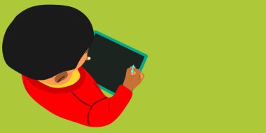 Sadece sarı arkaplan üzerinde eğitim konsepti için yazı yazan Hintli bir çocuk çizgi filmi..