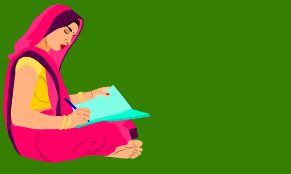 An indian village woman cartoon writing text on paper pad alone on green  background abstract art for educational concept. - Stock Image - Everypixel