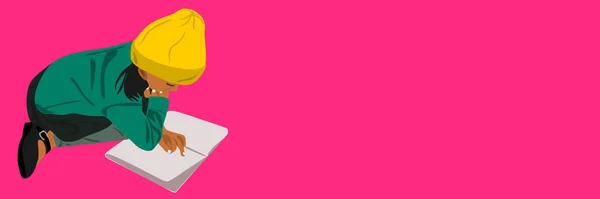 Індійська Дівчинка Мультфільм Читання Підручник Ізольовані Рожевому Фоні Абстрактне Мистецтво — стоковий вектор