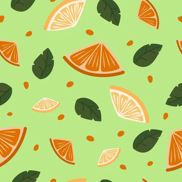รูปแบบสีเขียวไร้เย็บด้วยใบไม้และชิ้นส่วนของส้มและมะนาว  . — ภาพเวกเตอร์สต็อก
