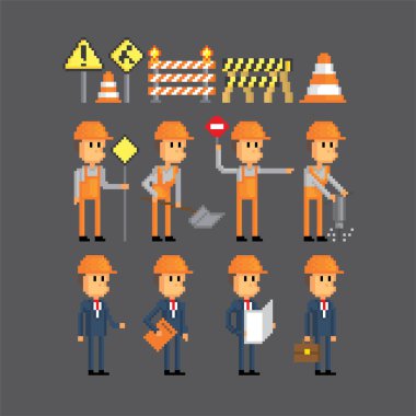 Yol çalışmaları Icon set. Piksel sanat. Eski okul bilgisayar grafik. 8 bit video oyunu. Oyun kıymetler 8-bit sprite. 16-bit.