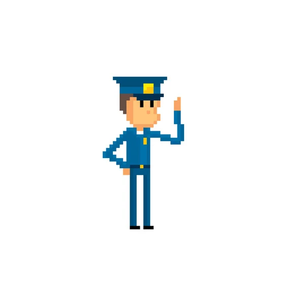 경찰 캐릭터입니다. 픽셀 아트입니다. 올드 스쿨 컴퓨터 그래픽입니다. 8 비트 비디오 게임입니다. 게임 자산 8 비트 스프라이트. — 스톡 벡터