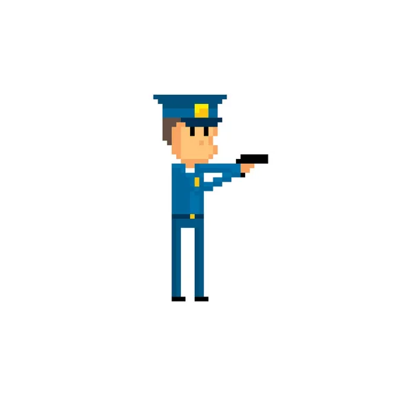 Carácter policial. Pixel art. Gráfico de computadora de la vieja escuela. Videojuego de 8 bits. Activos del juego sprite de 8 bits . — Vector de stock