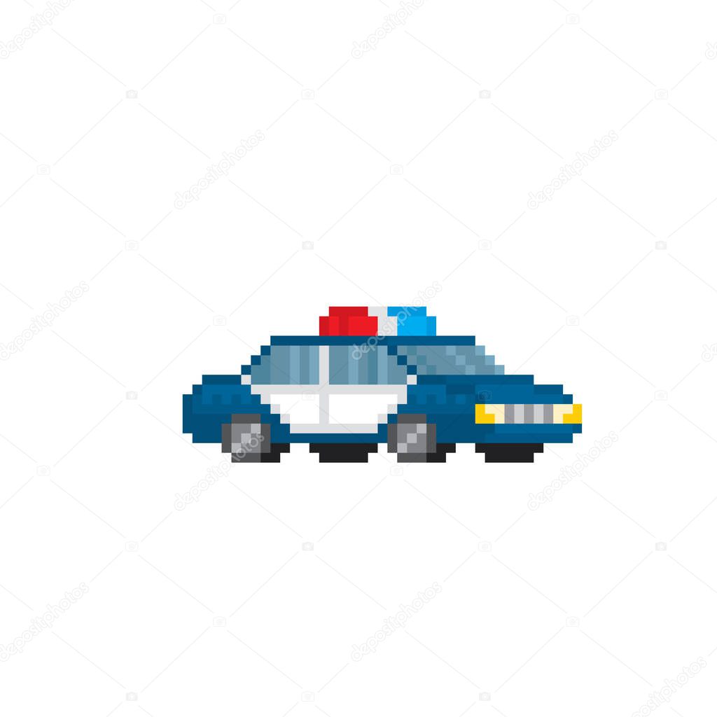 Police car. Pixel art. Old school computer graphic. 8 bit video game. Game assets 8-bit sprite.