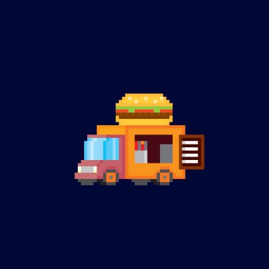 Burger van. Lokanta kamyon. Sokak mutfağı. Sokak Pixel art. Eski okul bilgisayar grafik. 8 bit video oyunu. Oyun kıymetler 8-bit sprite.