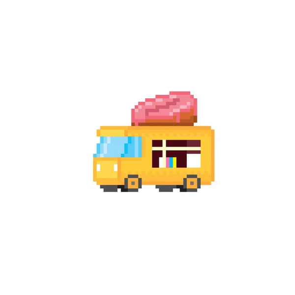 La camioneta de donas. camión de comida rápida. Cocina callejera. Pixel art. Gráfico de computadora de la vieja escuela. Videojuego de 8 bits. Activos del juego sprite de 8 bits . — Archivo Imágenes Vectoriales