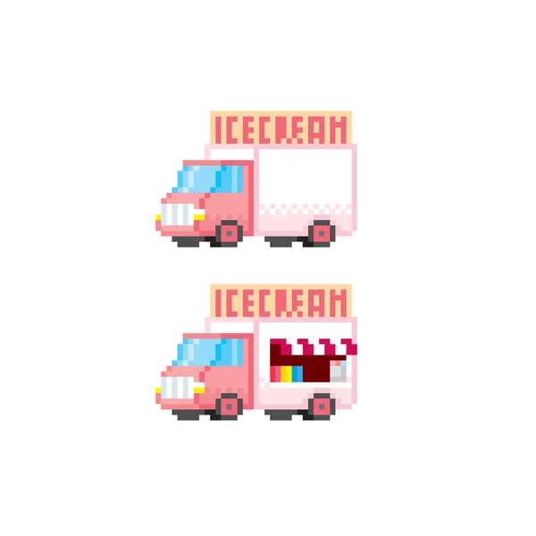 La furgoneta del helado. Comida callejera. Pixel art. Gráfico de computadora de la vieja escuela. Videojuego de 8 bits. Activos del juego sprite de 8 bits . — Vector de stock