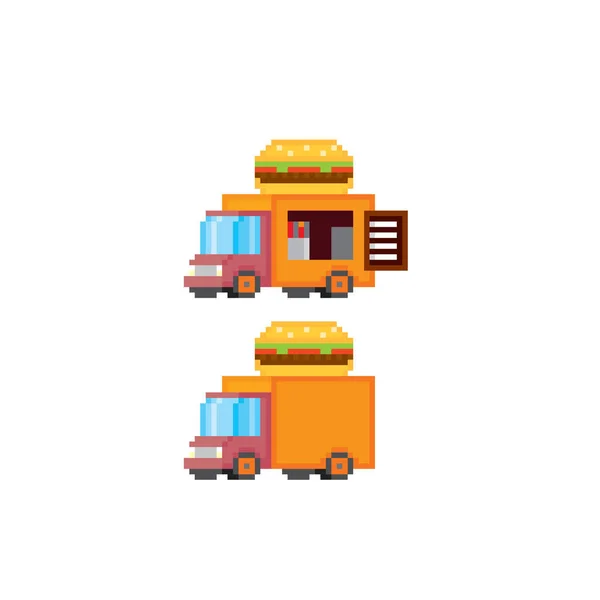 Der Burgervan. Fast Food Truck. Straßenküche. Straßenpixelkunst. Computergrafik alter Schule. 8 Bit Videospiel. Spielvorteile 8-bit-Sprite. — Stockvektor
