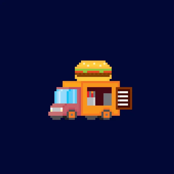 Der Burgervan. Fast Food Truck. Straßenküche. Straßenpixelkunst. Computergrafik alter Schule. 8 Bit Videospiel. Spielvorteile 8-bit-Sprite. — Stockvektor