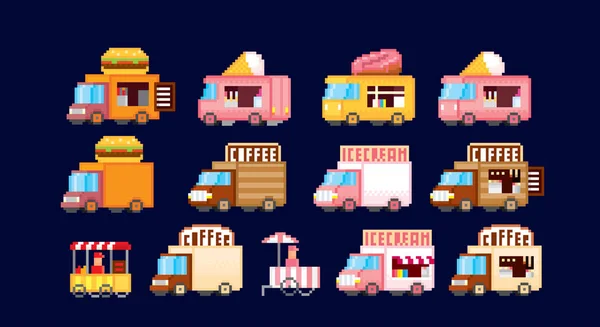 Zestaw różnych fast food i food trucki. Sztuka piksela. Grafika Komputerowa starej szkoły. 8-bitowych gier wideo. Zasoby gry 8-bitowych sprite. Wektor Stockowy