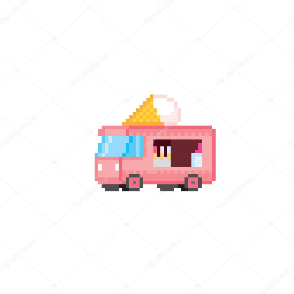 The ice cream van. Street food. Pixel art. Old school computer graphic. 8 bit video game. Game assets 8-bit sprite.