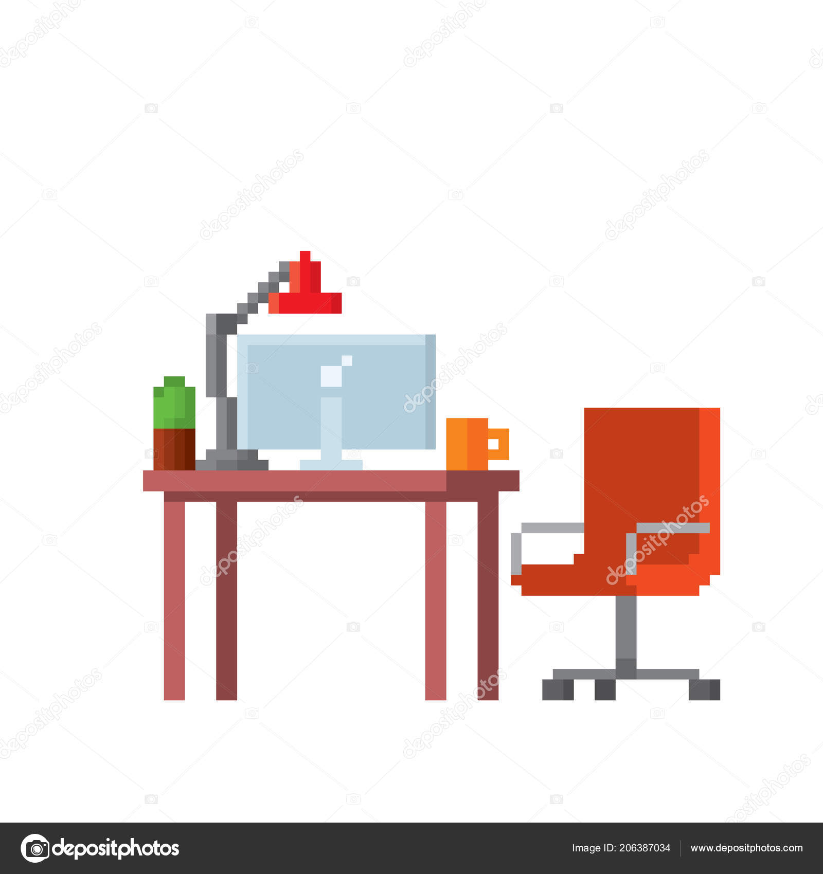 Office Furniture Equipment Pixel Art Old School Computer Graphic