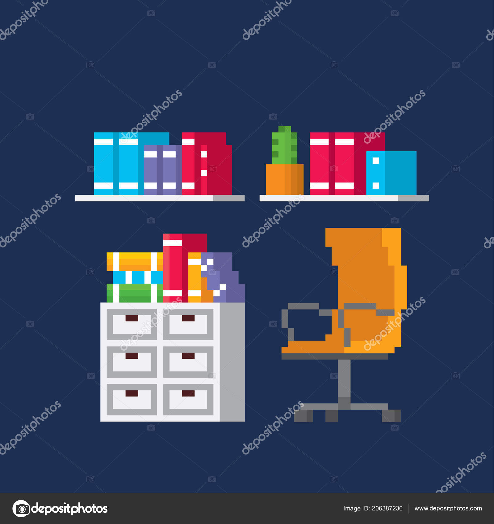 Office Furniture Equipment Pixel Art Old School Computer Graphic