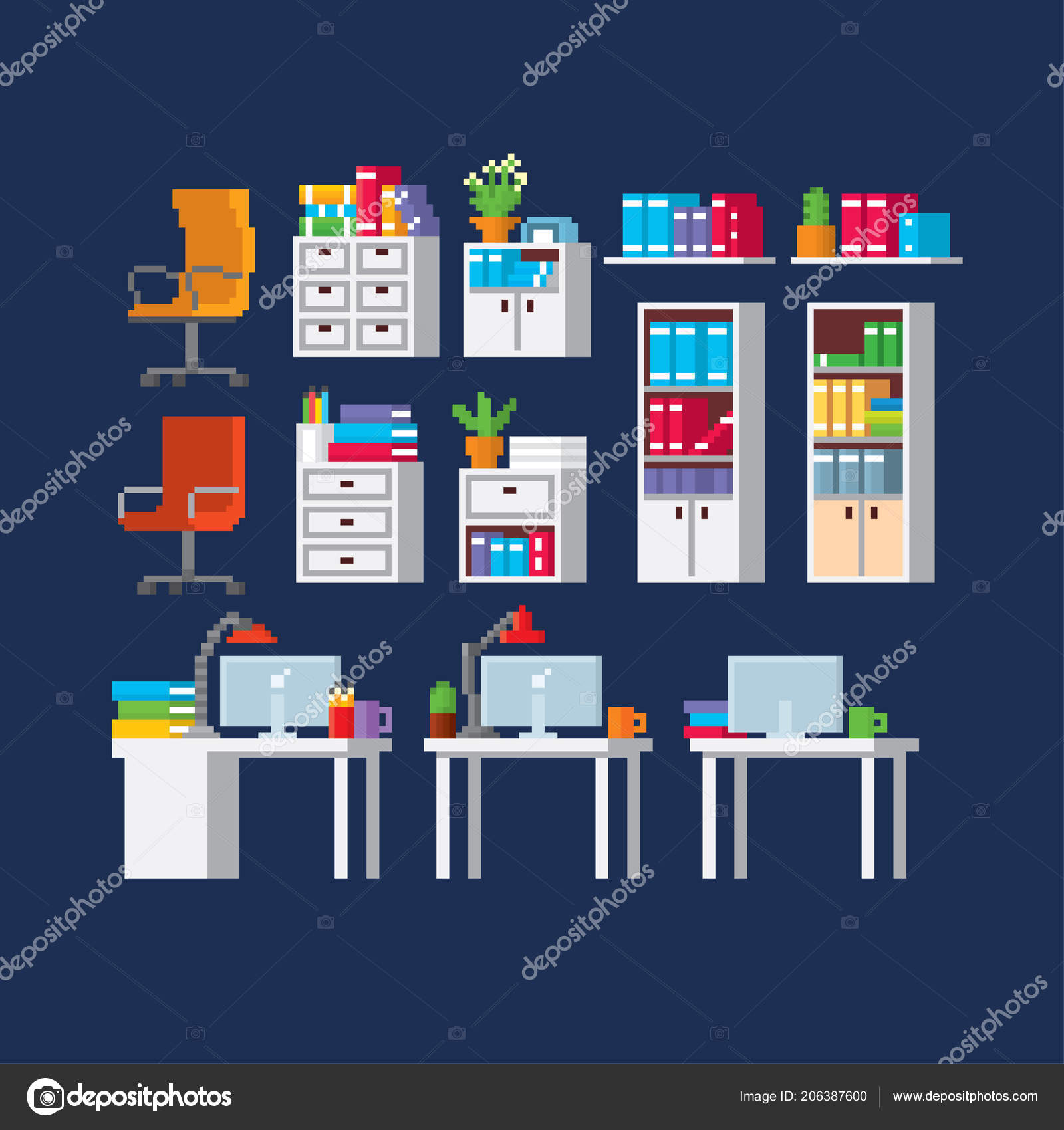 Office Furniture And Equipment Pixel Art Old School Computer