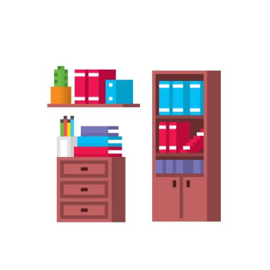 Ofis mobilya ve ekipmanları. Piksel sanat. Eski okul bilgisayar grafik. 8 bit video oyunu. Oyun kıymetler 8-bit sprite.