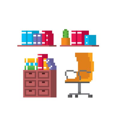 Ofis mobilya ve ekipmanları. Piksel sanat. Eski okul bilgisayar grafik. 8 bit video oyunu. Oyun kıymetler 8-bit sprite.