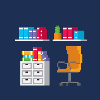 Ofis mobilya ve ekipmanları. Piksel sanat. Eski okul bilgisayar grafik. 8 bit video oyunu. Oyun kıymetler 8-bit sprite.