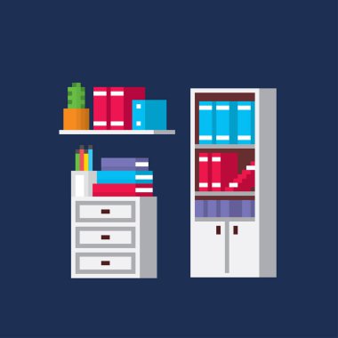 Ofis mobilya ve ekipmanları. Piksel sanat. Eski okul bilgisayar grafik. 8 bit video oyunu. Oyun kıymetler 8-bit sprite.