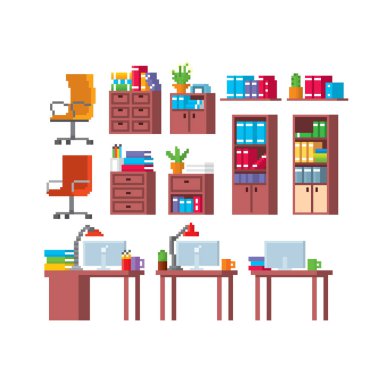 Ofis mobilya ve ekipmanları. Piksel sanat. Eski okul bilgisayar grafik. 8 bit video oyunu. Oyun kıymetler 8-bit sprite.