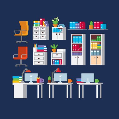 Ofis mobilya ve ekipmanları. Piksel sanat. Eski okul bilgisayar grafik. 8 bit video oyunu. Oyun kıymetler 8-bit sprite.