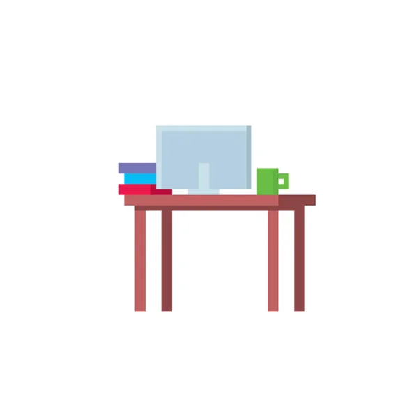 Домашний Офисный Стол Ноутбуком Документами Папками Настольной Лампой Пиксельное Искусство — стоковый вектор