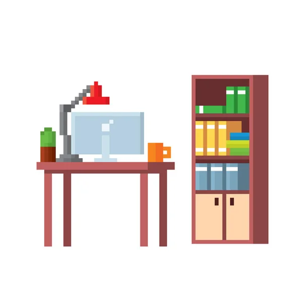Office furniture and equipment. Pixel art. Old school computer graphic
