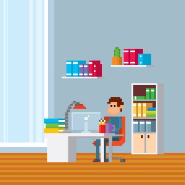 Ofis mobilya ve ekipmanları. Ofis iç. Piksel sanat. Eski okul bilgisayar grafik. 8 bit video oyunu. Oyun kıymetler 8-bit sprite.