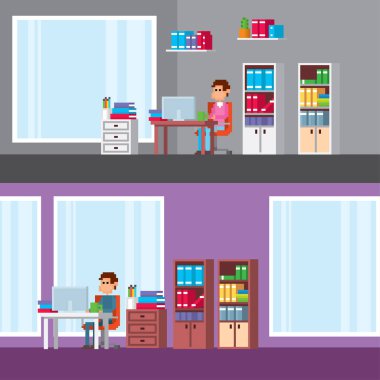 Ofis mobilya ve ekipmanları. Ofis iç. Piksel sanat. Eski okul bilgisayar grafik. 8 bit video oyunu. Oyun kıymetler 8-bit sprite.